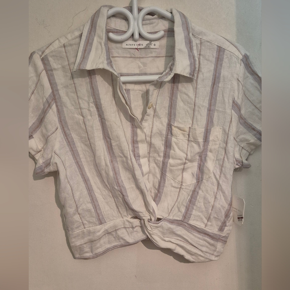 Altar'd State Cream and Tan Striped Crop Top Linen Sz.S NWT